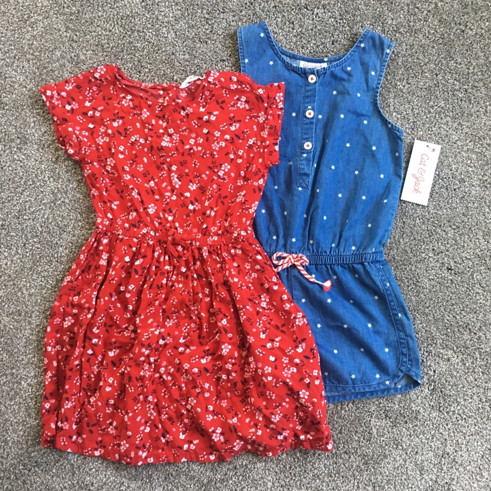 H&M Red Floral Dress + NWT Cat & Jack Star Romper